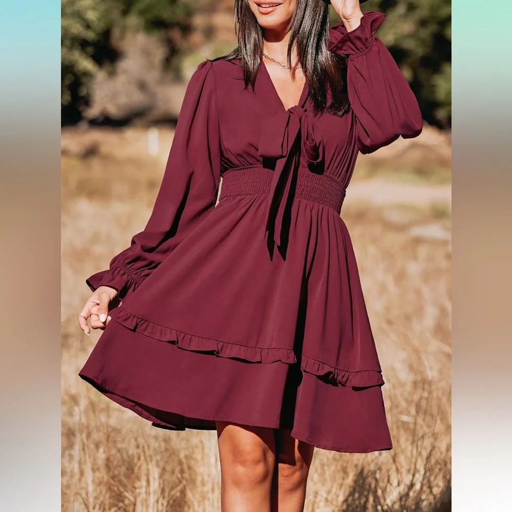 Summer Deep V‎ Neck Knotted Tiered Chiffon Elegant Mini Short Swing Skater Dress